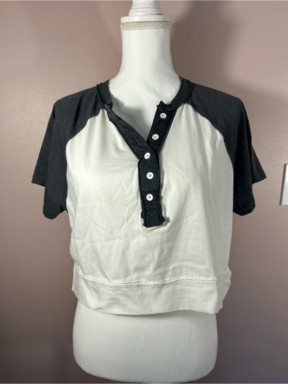 Cropped Two-Tone Henley Tee - White & Black